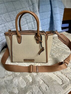 Nine West Canvas Crossbody Bag with Tan Leather Trim and Webbing Strap